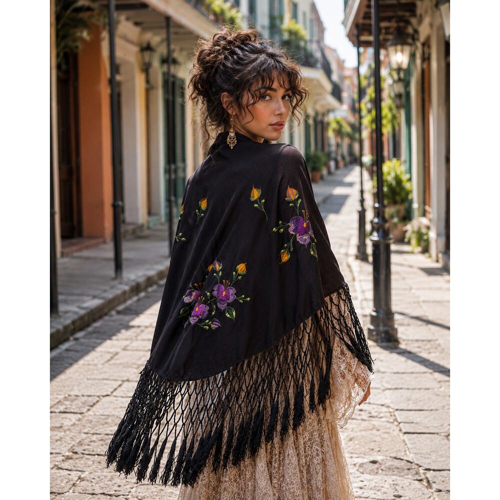 Vintage Floral Embroidered Shawl Fringe Wrap Boho Piano Scarf Black XL